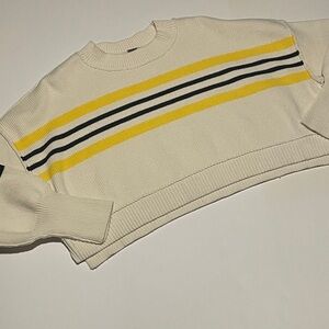 Free People cropped Cream Sweater with Yellow and Navy stripes